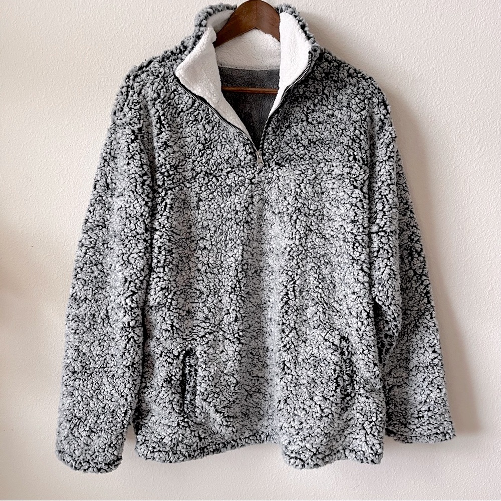 Free People Gray White Sherpa Cozy Teddy Jacket with Zip Up High Collar